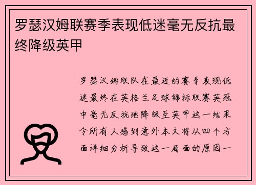 罗瑟汉姆联赛季表现低迷毫无反抗最终降级英甲 罗瑟汉姆联赛季表现低迷毫无反抗最终降级英甲